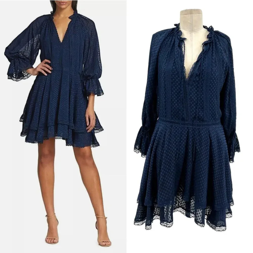 Alice + Olivia Joanne Mini Dress Lace Trim Ruffle Tiered 3/4‎ Sleeve Blue Size 2